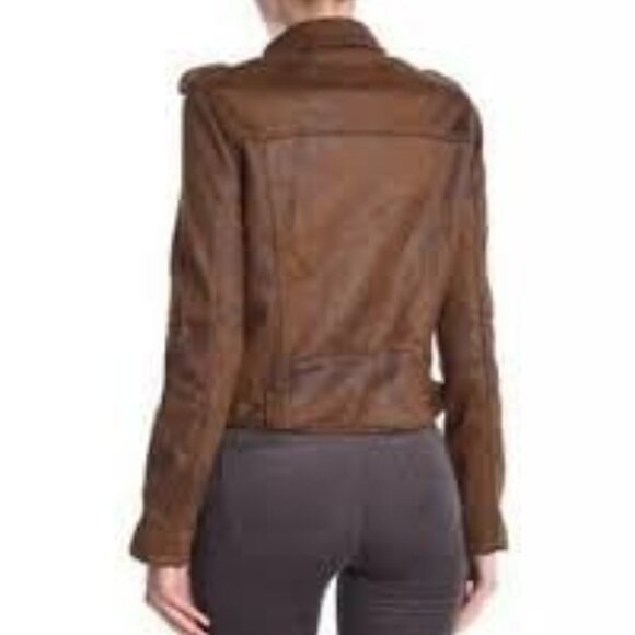 NWT BLANK NYC Asymmetric Zip Moto Jacket Vegan Suede Leather Whiskey Brown S - Picture 3 of 8